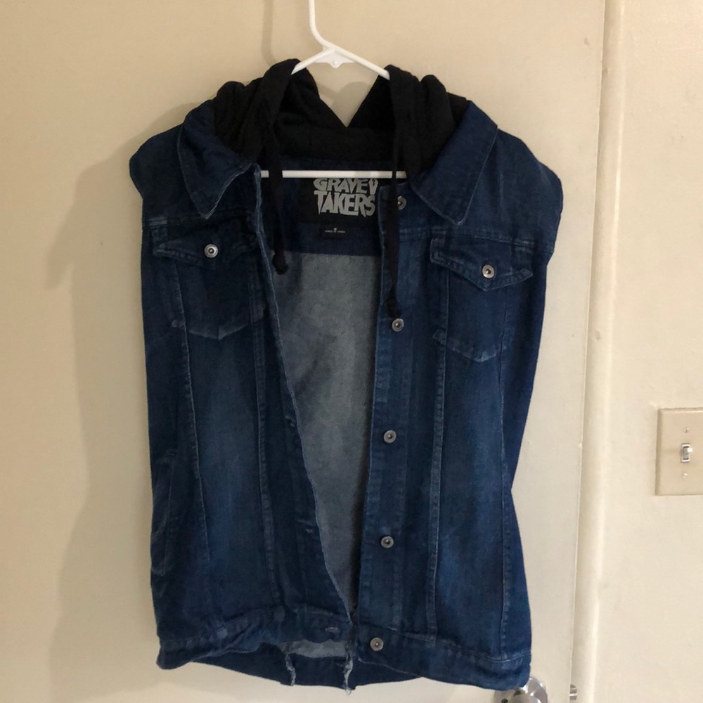 Blue denim vest with hood